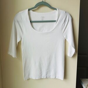 French Laundry Womens White Scoop Neck Elbow Sleeve Seamless Top S/M RN63619